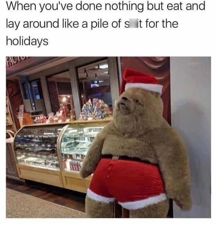 Funny memes featuring a bear in Santa outfit looking lazy after eating and lying around during the holidays.