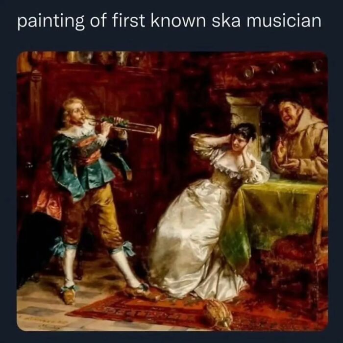 Painting of a historical musician playing trumpet while others cover ears in a funny meme that makes absolutely no sense.