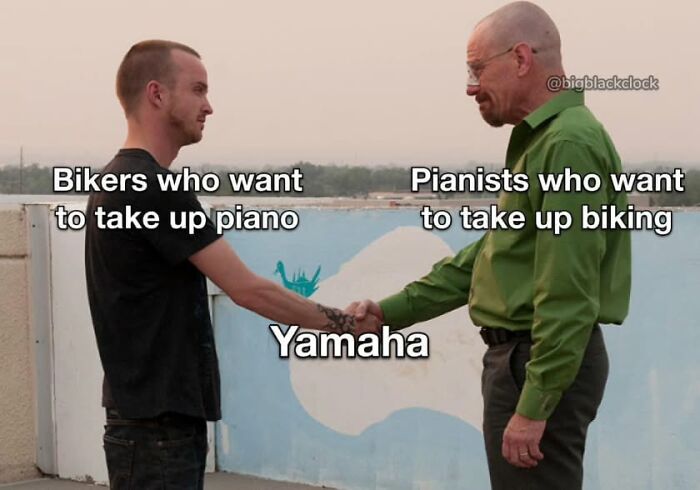 Two men shaking hands labeled bikers wanting to take up piano and pianists wanting to take up biking in a funny meme.
