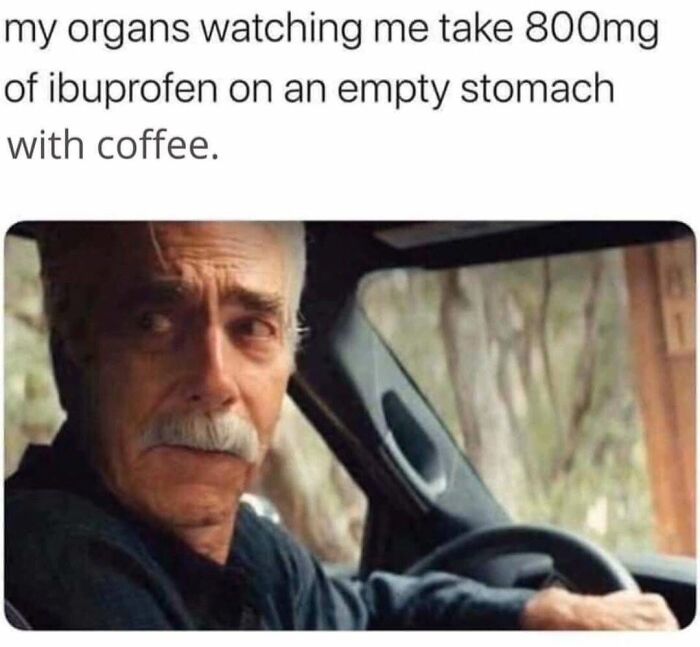 Older man with a concerned expression driving a car, representing organs reacting to taking ibuprofen on an empty stomach.