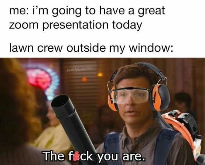 Meme showing a man with protective gear and a blower, humorously interrupting a Zoom presentation, funny memes that make no sense.
