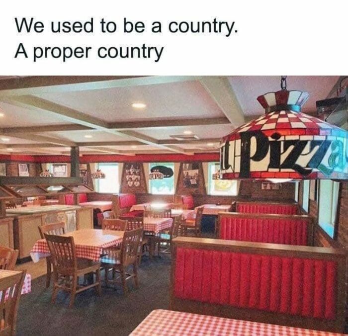 Empty vintage-style pizza restaurant interior with checkered tablecloths, featured in funny memes that make no sense.