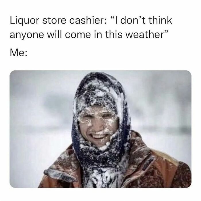 Person covered in snow smiling outside, illustrating funny memes that make absolutely no sense but somehow work.