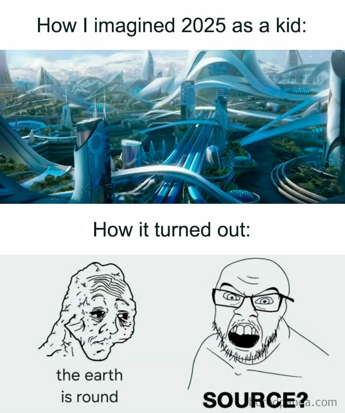Futuristic city imagined for 2025 contrasted with absurd meme characters humorously illustrating memes that make no sense.