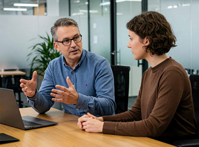 Two coworkers discussing a project at a table with a laptop, exploring whether to refuse shaving legs at work. Two coworkers discussing a project at a table with a laptop, exploring whether to refuse shaving legs at work.