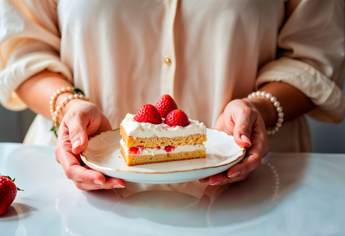 Person holding a plate with strawberry cake, symbolizing refusing to give food to little niece in a home setting Person holding a plate with strawberry cake, symbolizing refusing to give food to little niece in a home setting