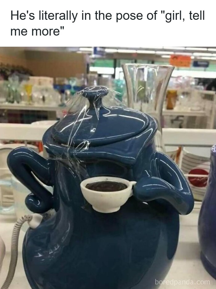 Blue ceramic teapot with arms holding a tiny cup, humorously posing in a funny meme about handling reality with humor.