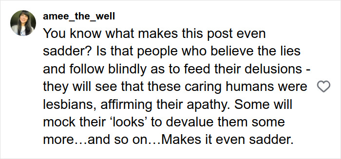 User comment on social media expressing sadness over community reaction to fatal ICE incident involving Renee Good&rsquo;s wife.