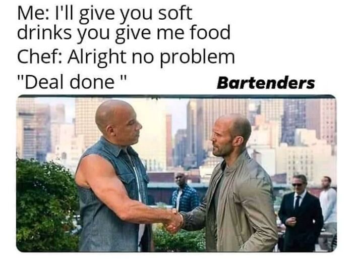 Two men shaking hands outdoors with caption about bartenders making deals, relatable to restaurant workers and memes.