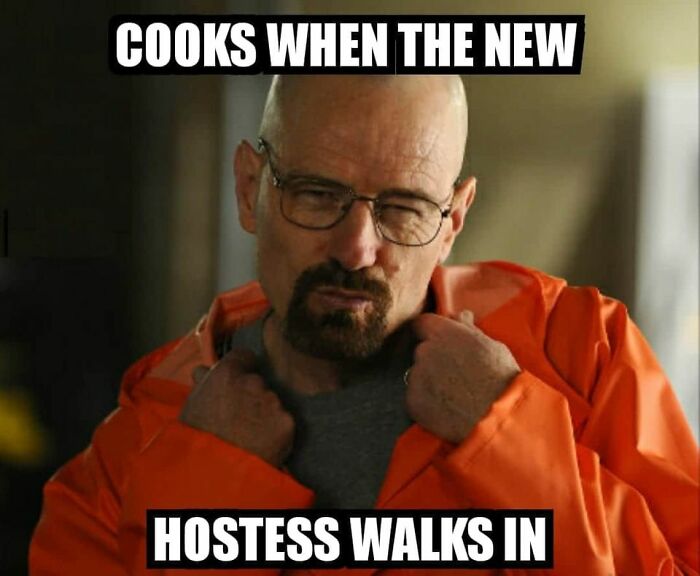 Man in orange jacket and glasses making a confident face, depicting restaurant workers memes cooks relate to.