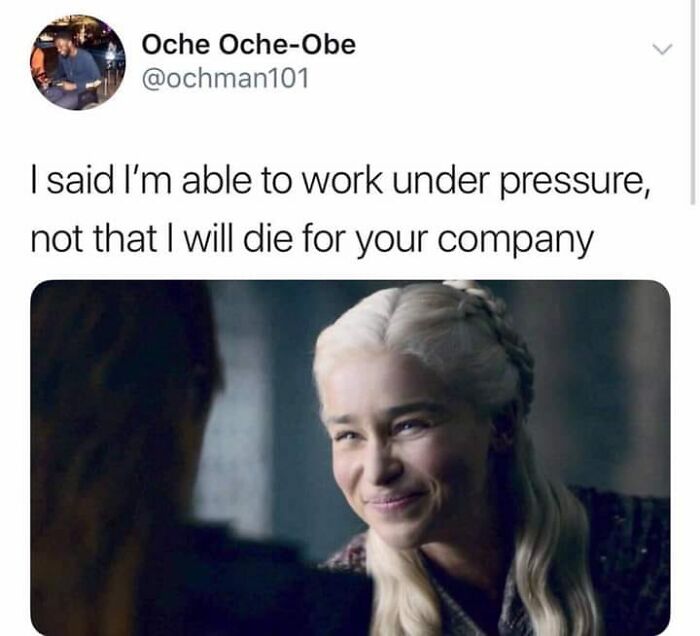 Meme on restaurant workers relating to pressure at work with a humorous quote and a smiling woman from a TV show.