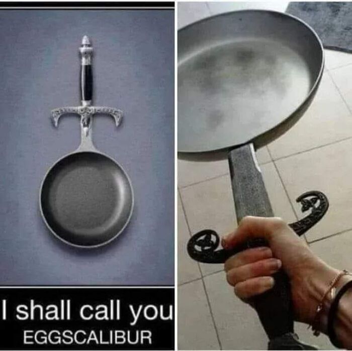Frying pan designed like a sword handle, humor relatable to restaurant workers in kitchen and cooking tasks.