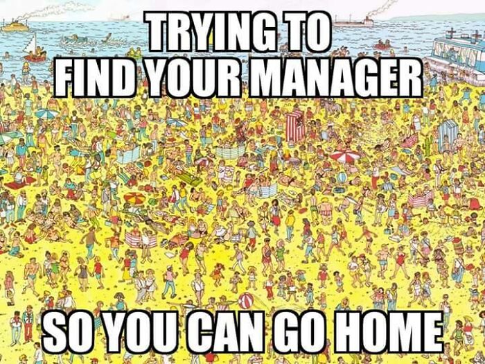 Crowded beach scene representing the challenge restaurant workers face trying to find their manager to go home.