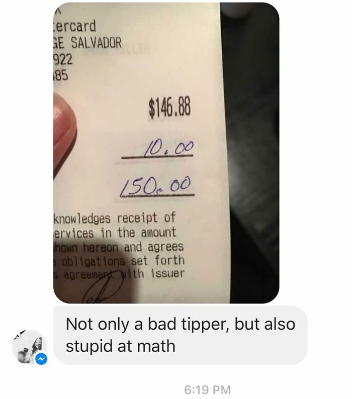Receipt showing a bill of 146.88 with a handwritten tip of 10 and total 150, relatable to restaurant workers memes.