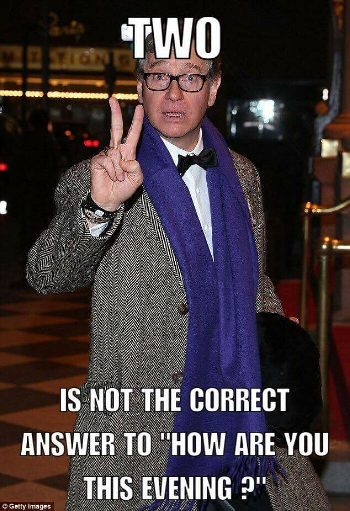 Man in coat and scarf holding up two fingers with meme text about restaurant workers relating to customer interactions.