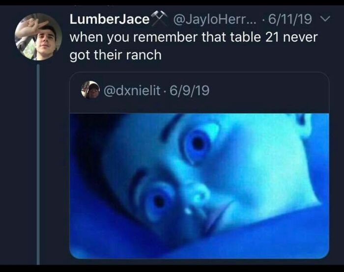 Meme showing restaurant worker remembering a missed ranch request, highlighting relatable moments for restaurant workers.
