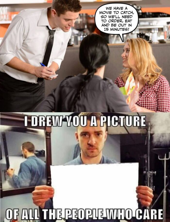 Restaurant workers relate to quick customer orders and the feeling of caring in busy restaurant memes and posts.