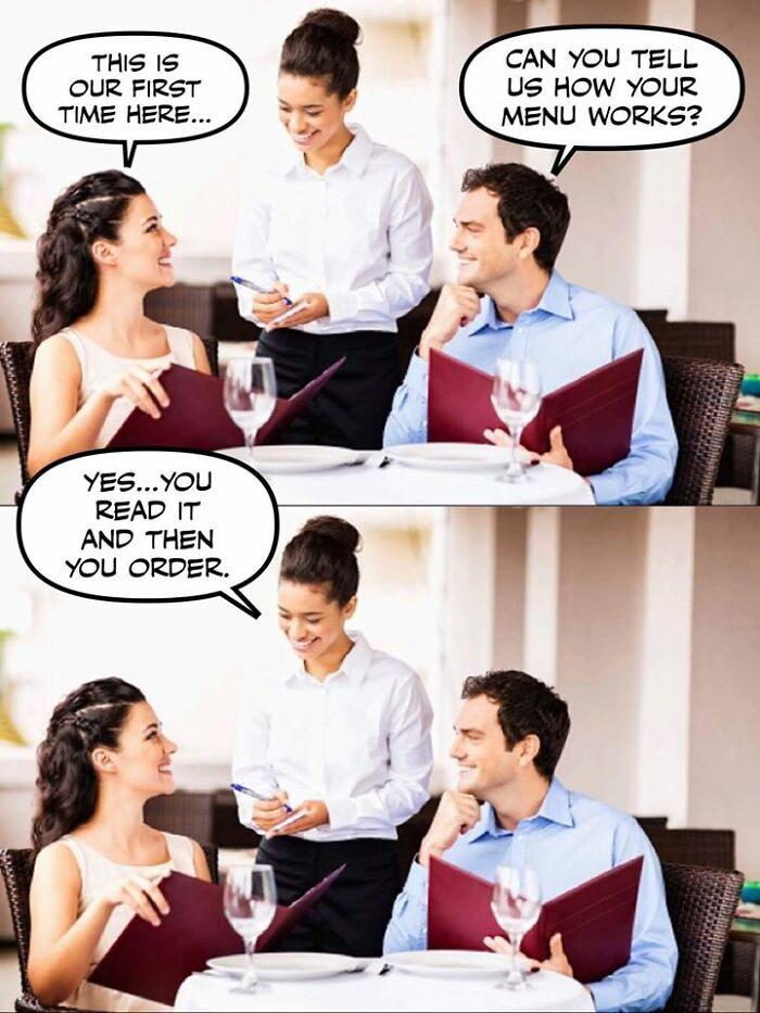 Couple asking restaurant worker how the menu works, a humorous scene restaurant workers might relate to.