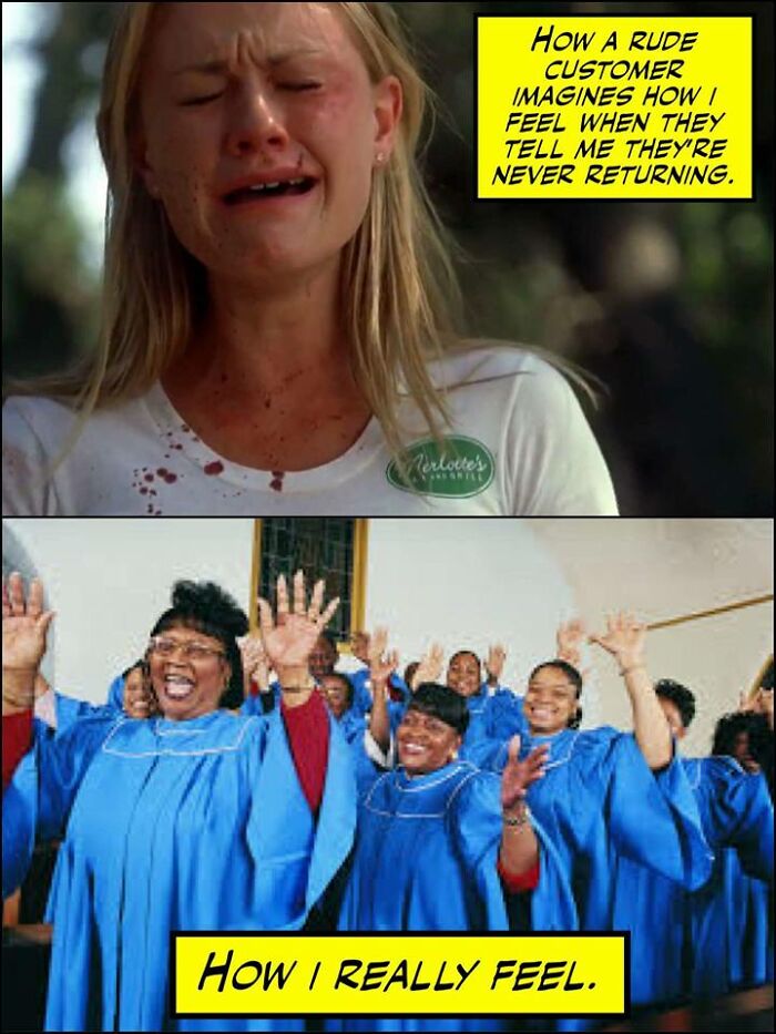 Woman crying in restaurant uniform contrasted with happy choir, depicting feelings restaurant workers might relate to.