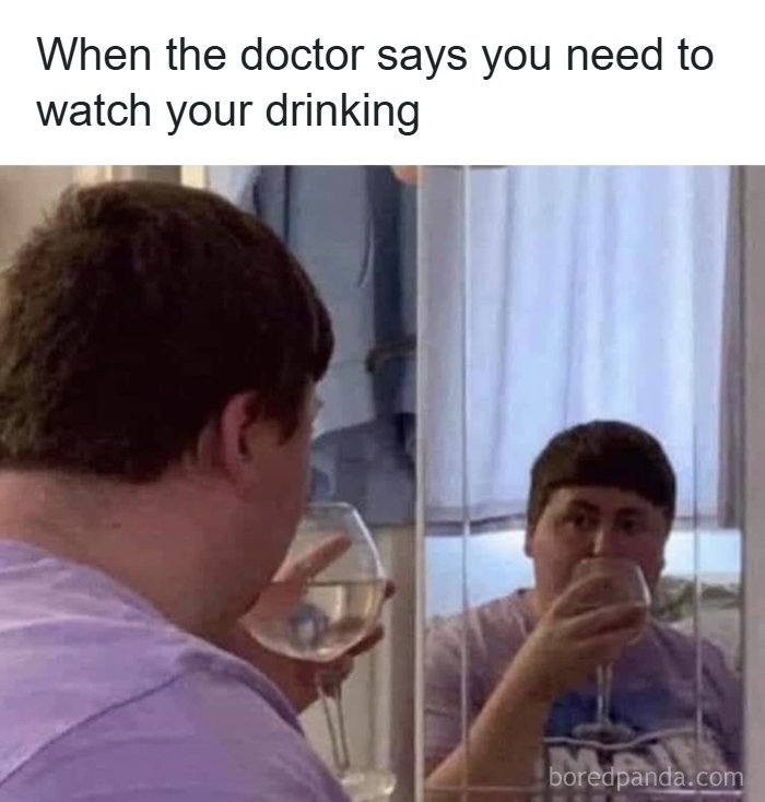 Person looking in mirror holding a glass of wine, relatable meme about restaurant workers and drinking habits.