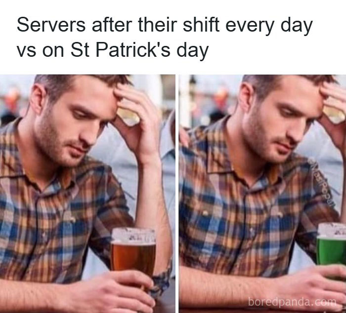 Man in plaid shirt looking tired and holding beer, illustrating restaurant workers relatable meme about exhausting shifts.