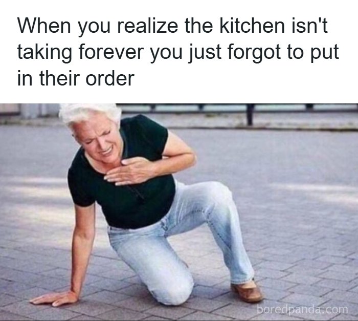 Woman clutching her chest on the ground, illustrating restaurant workers relating to order mistakes and kitchen delays meme.