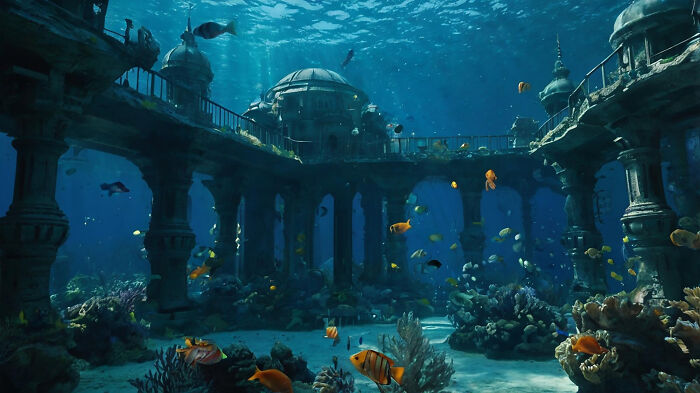 Underwater view of a luxurious, ornate structure surrounded by colorful fish, illustrating rich people norms inside the 1%.