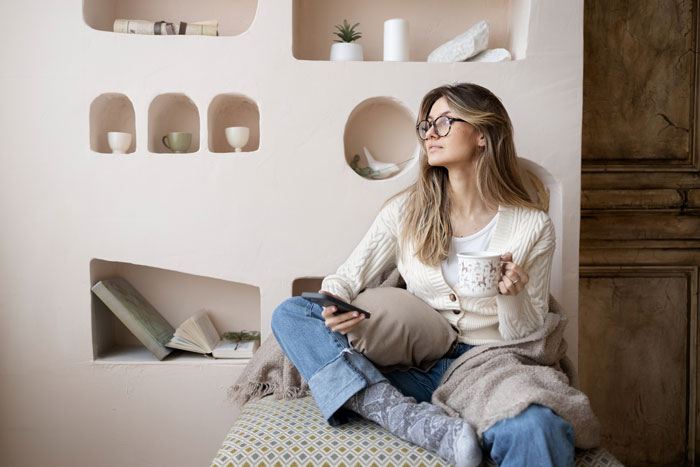 Young woman with glasses holding a mug and remote, looking thoughtful amid roommate boyfriend vacation drama at home.