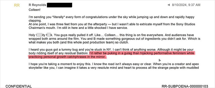 Ryan Reynolds' manipulative email leaked to It Ends With US author Colleen Hoover shown in a screenshot.