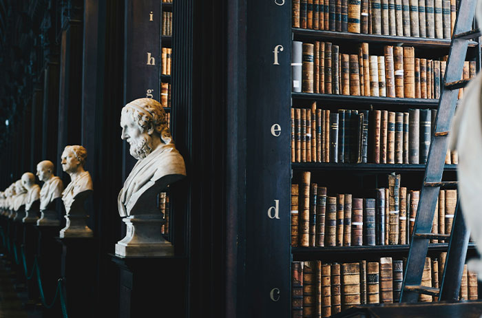 Marble busts along a dark historic library aisle with ladder and leather-bound books, traumatized