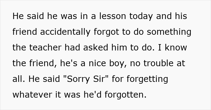 Text excerpt describing a student recalling a lesson where a friend was group shamed by an unhinged teacher in class.