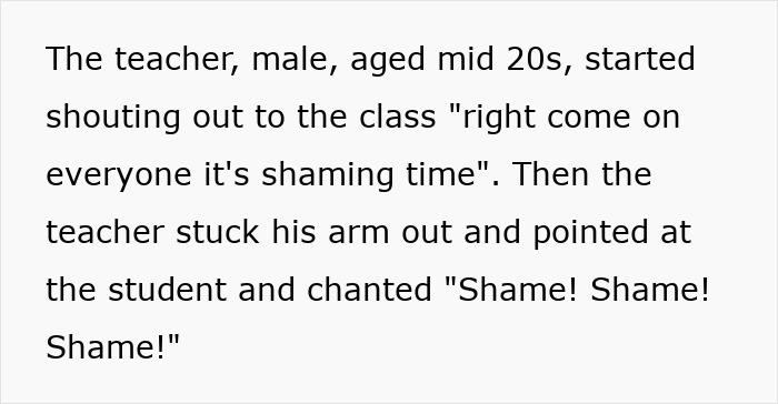 Male teacher in his 20s shouting and leading group shaming activity with students in a classroom setting.