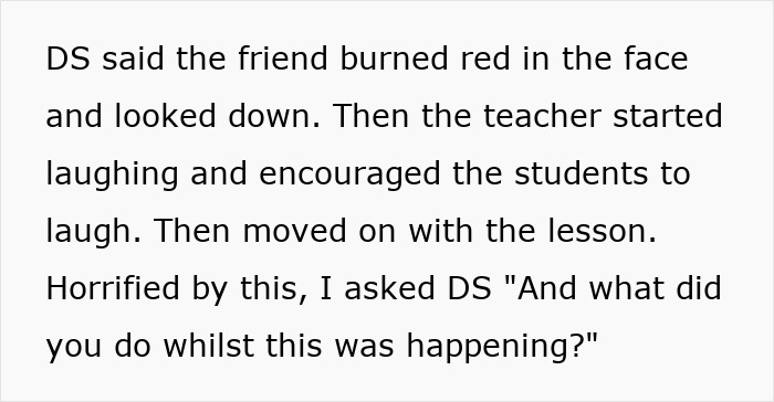 Text excerpt describing a teacher encouraging group shaming as a student looks embarrassed and a parent feels horrified. Text excerpt describing a teacher encouraging group shaming as a student looks embarrassed and a parent feels horrified.