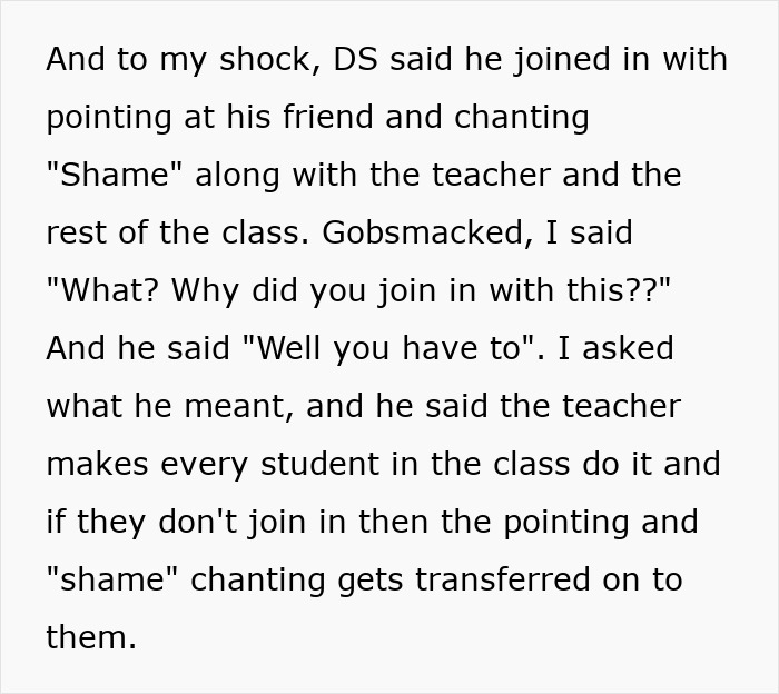 Student reveals unhinged teacher pushes group shaming and forces participation through chanting shame in class.