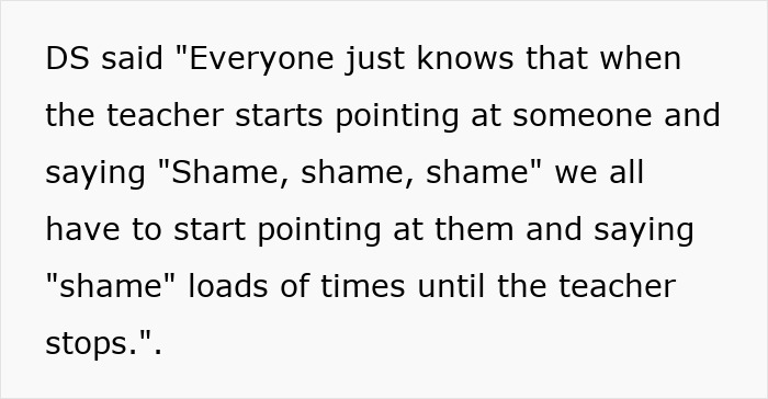 Text about teacher pushing group shaming in class with students repeatedly saying shame during the activity. Text about teacher pushing group shaming in class with students repeatedly saying shame during the activity.