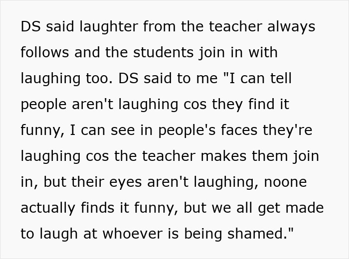Text excerpt describing a teacher pushing group shaming in class as students laugh without finding it funny. Text excerpt describing a teacher pushing group shaming in class as students laugh without finding it funny.