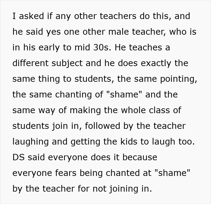 Teacher uses group shaming with chanting and pointing, causing fear among students in class to join in.