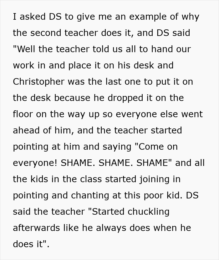 Excerpt describing a teacher pushing group shaming in class as students chant shame repeatedly at a peer.