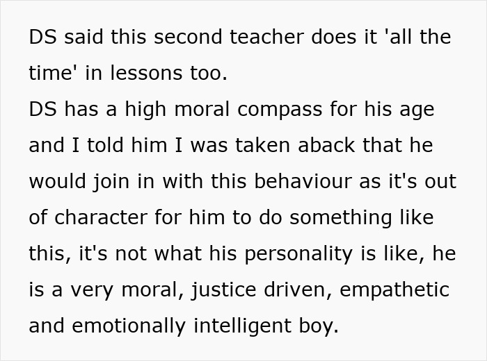 Text excerpt describing a teacher's group shaming behavior and a mom's shock after her son admits participation. Text excerpt describing a teacher's group shaming behavior and a mom's shock after her son admits participation.