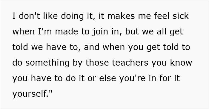Alt text: Student describes feeling sick from group shaming in class pushed by unhinged teacher, with mom horrified after confession. Alt text: Student describes feeling sick from group shaming in class pushed by unhinged teacher, with mom horrified after confession.