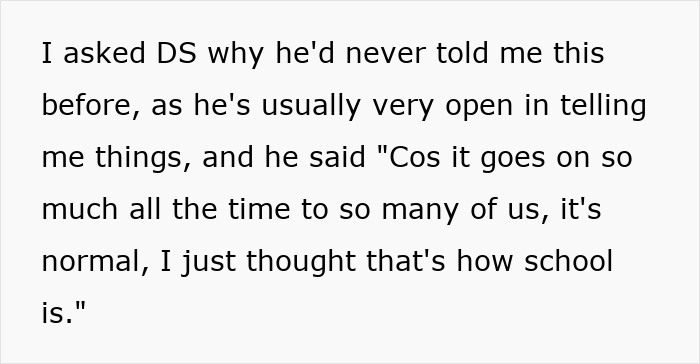 Text excerpt discussing a son revealing group shaming in class pushed by an unhinged teacher. Text excerpt discussing a son revealing group shaming in class pushed by an unhinged teacher.