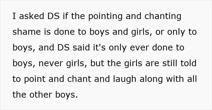 Text about group shaming where boys are singled out and girls participate in chanting and laughing during class. Text about group shaming where boys are singled out and girls participate in chanting and laughing during class.