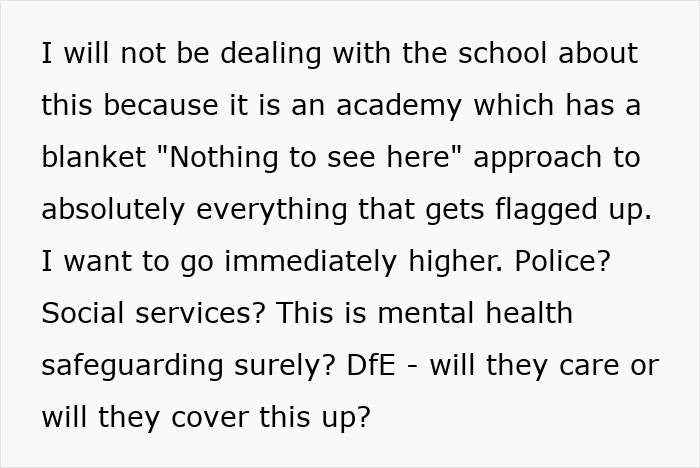 Text discussing concerns about unhinged teacher promoting group shaming in class and mental health safeguarding issues. Text discussing concerns about unhinged teacher promoting group shaming in class and mental health safeguarding issues.