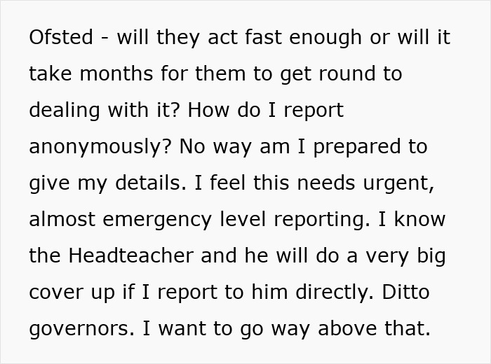Text expressing urgent concerns about an unhinged teacher pushing group shaming and fears of cover-up by school leaders. Text expressing urgent concerns about an unhinged teacher pushing group shaming and fears of cover-up by school leaders.