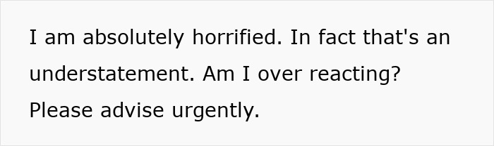 Text on a plain white background expressing horror and urgency seeking advice about overreacting to a situation. Text on a plain white background expressing horror and urgency seeking advice about overreacting to a situation.