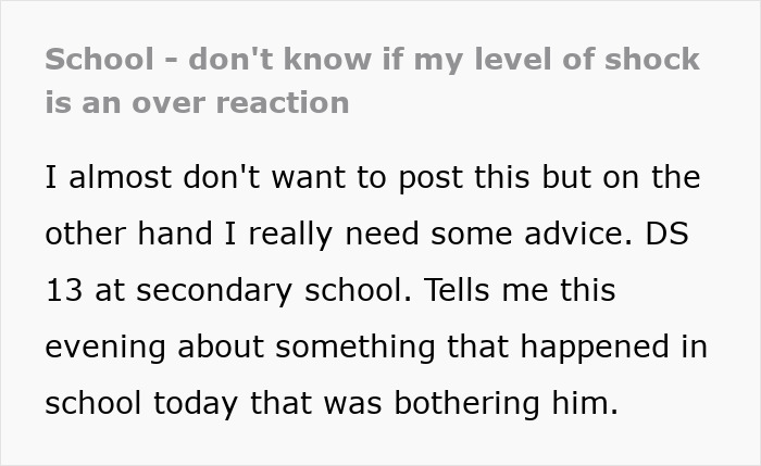 Text post showing a parent shocked and seeking advice after son reveals participation in group shaming at school. Text post showing a parent shocked and seeking advice after son reveals participation in group shaming at school.