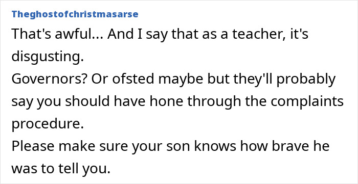 Screenshot of a comment describing a teacher pushing group shaming in class, with a mom horrified by her son’s confession. Screenshot of a comment describing a teacher pushing group shaming in class, with a mom horrified by her son’s confession.