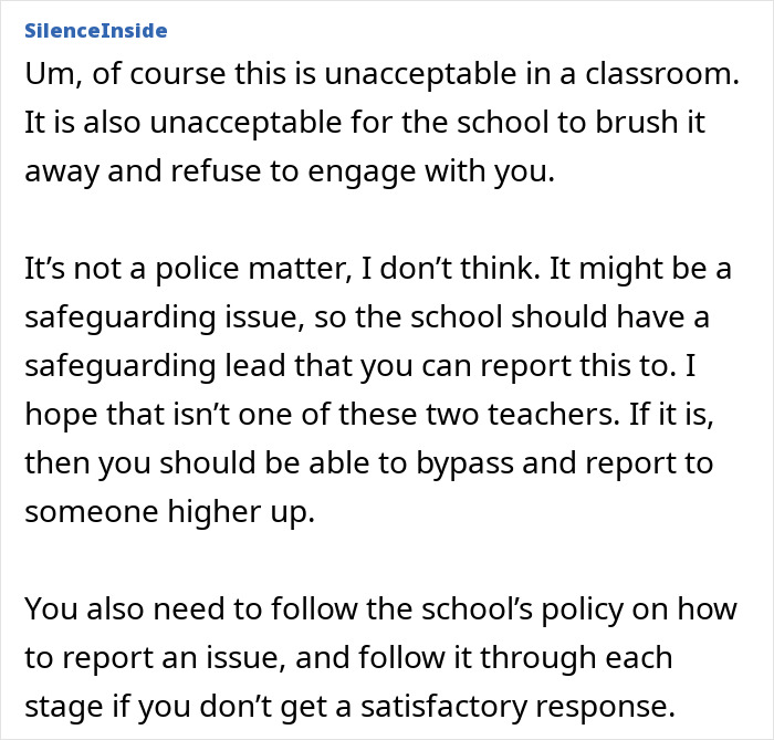 Alt text: Online forum discussion about unhinged teacher promoting group shaming in class with concerned parents responding.