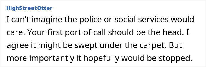 Comment from HighStreetOtter discussing concerns about group shaming in class and hopes it will be stopped by authorities. Comment from HighStreetOtter discussing concerns about group shaming in class and hopes it will be stopped by authorities.