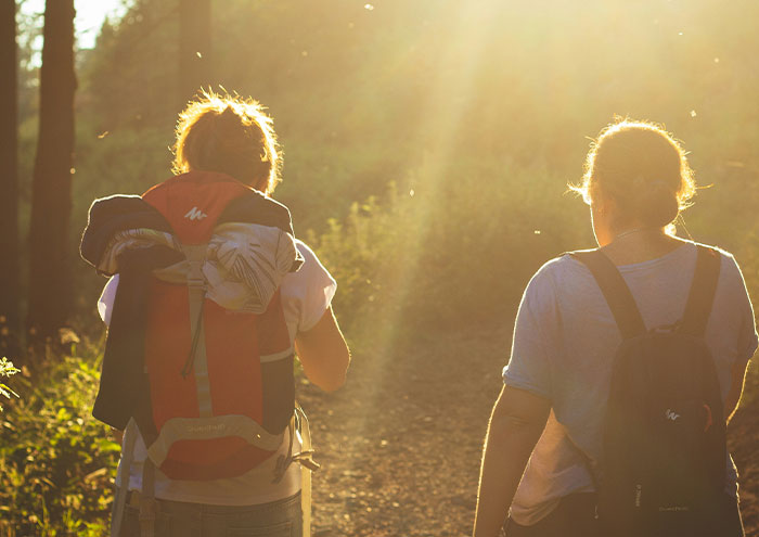 Two people with backpacks walking in sunlight on a forest trail, symbolizing anonymous secrets too explosive to expose.
